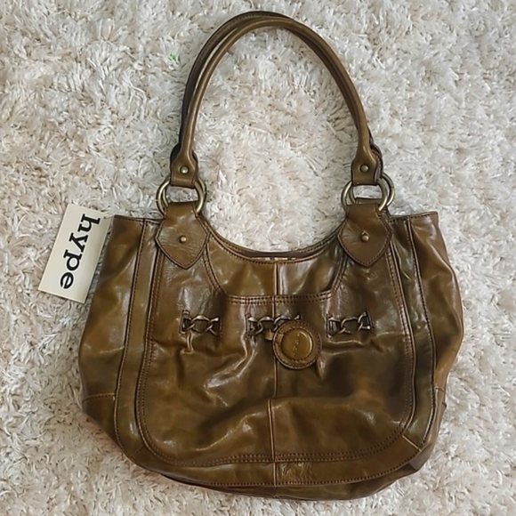 Hype Handbags - HYPE Leather Boho Shoulder Bag Tote in Olive with Brass Hardware